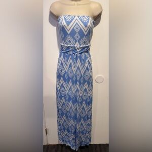 Blue and White Strapless Maxi Dress
